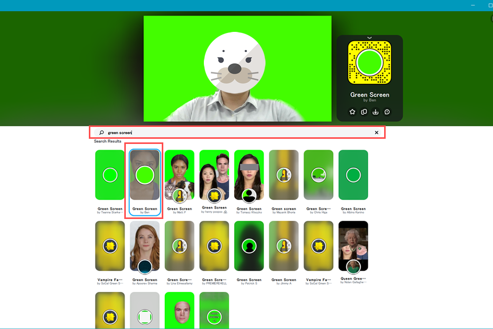 Snap Cameraで背景が緑色のLensを選択